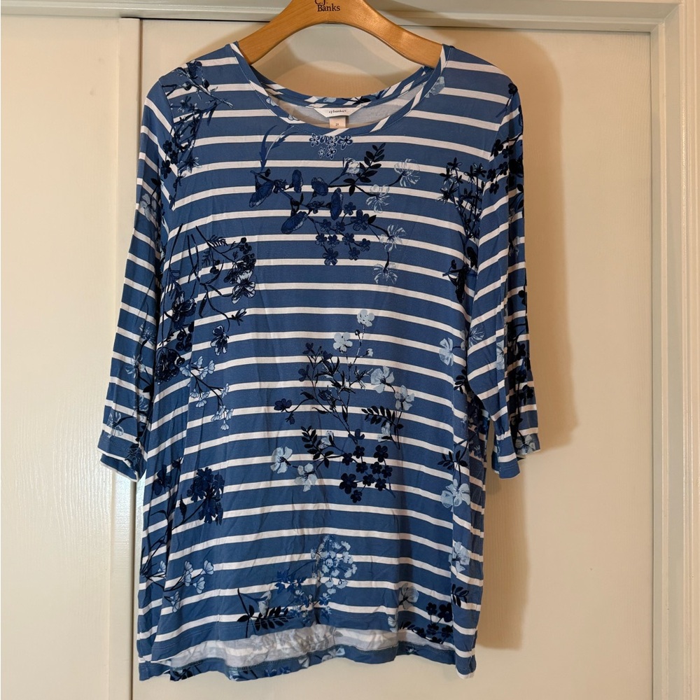 CJ Banks Blue and White Floral Striped Blouse